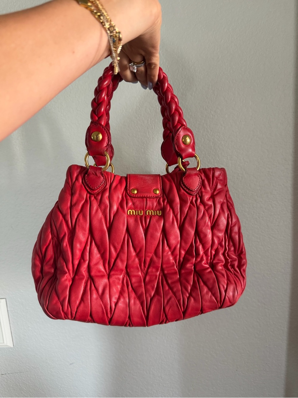 Miu Miu Matelasse Red Quilted Leather Satchel with Braided Handles - Picture 2 of 5
